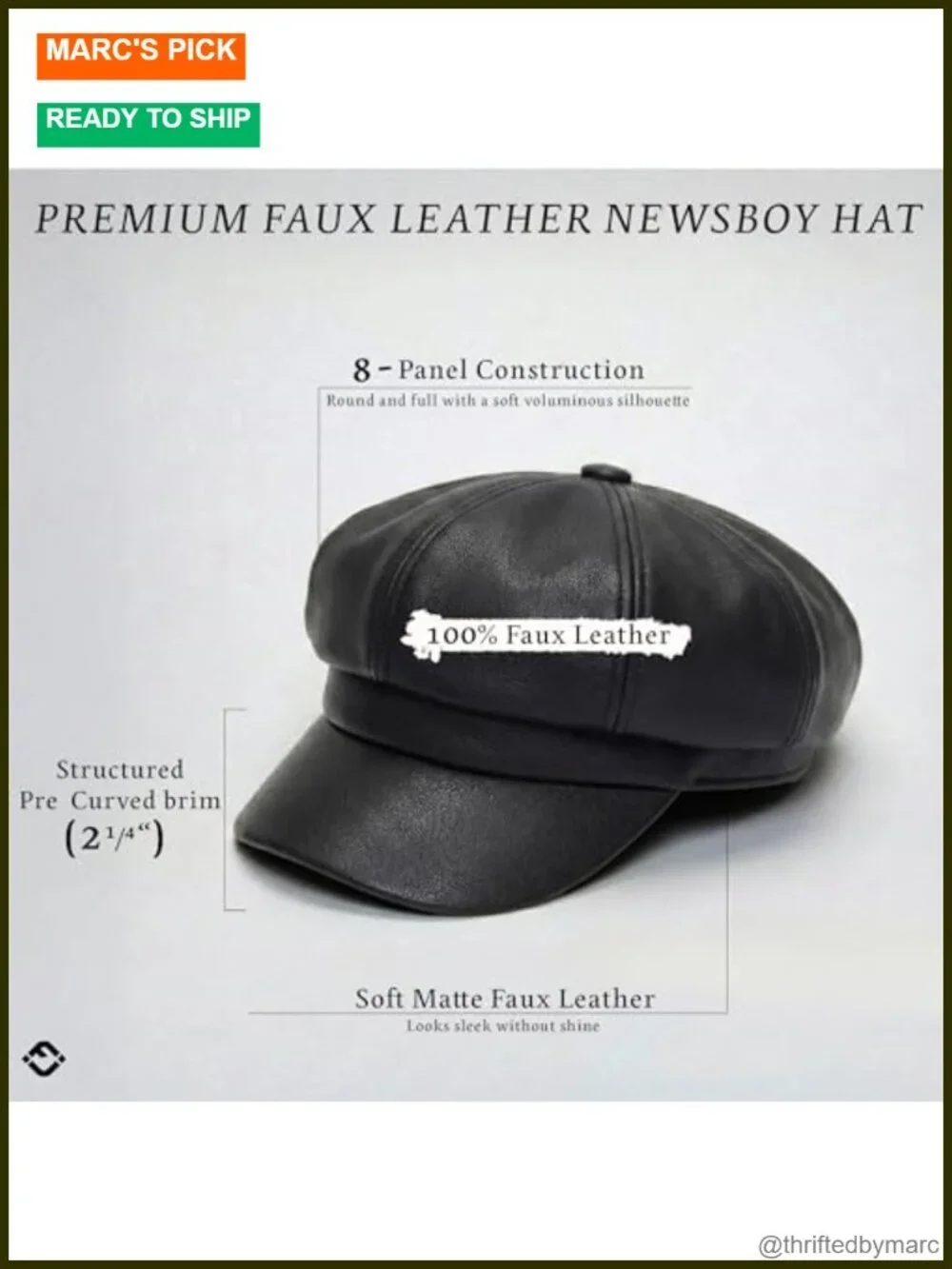 Faux Leather Newsboy Cabbie Cap with Curved Visor, Adjustable Fit, Vintage